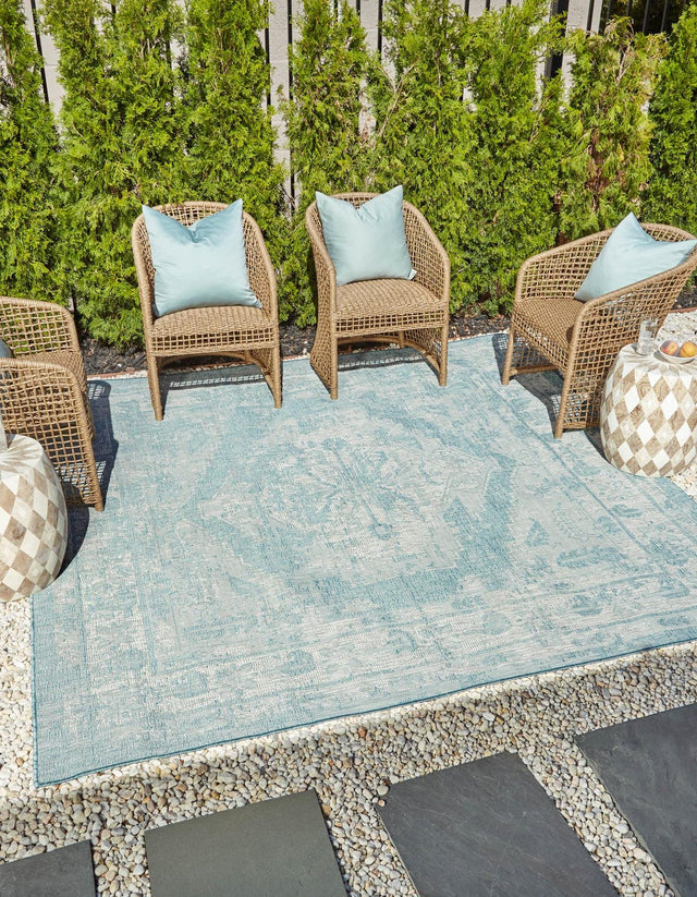 Aqua 7' 10 x 7' 10 Outdoor Traditional Square Area Rug Weather Resistant for Patio, Deck, Terrace, Balcony, Porch Classical Design Outside Carpet for Sale at Rug Engine