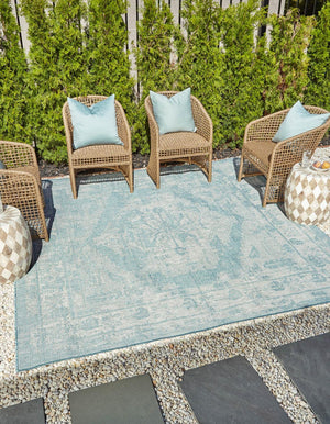 Aqua 5' 3 x 5' 3 Outdoor Traditional Square Rug