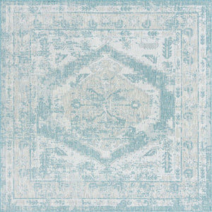 Aqua 7' 10 x 7' 10 Outdoor Traditional Square Area Rug Weather Resistant for Patio, Deck, Terrace, Balcony, Porch Classical Design Outside Carpet for Sale at Rug Engine