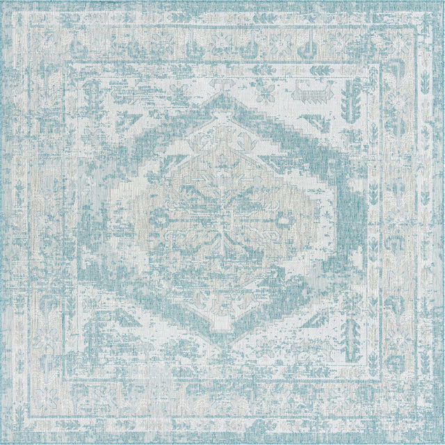 Aqua 7' 10 x 7' 10 Outdoor Traditional Square Area Rug Weather Resistant for Patio, Deck, Terrace, Balcony, Porch Classical Design Outside Carpet for Sale at Rug Engine