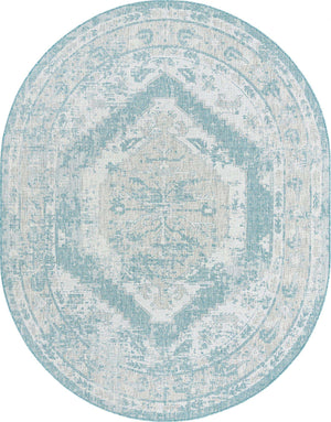 Aqua 7' 10 x 10' Outdoor Traditional Oval Area Rug Weather Resistant for Patio, Deck, Terrace, Balcony, Porch Classical Design Outside Carpet for Sale at Rug Engine