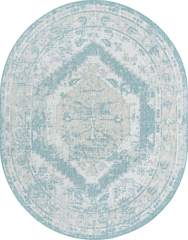 Aqua 7' 10 x 10' Outdoor Traditional Oval Area Rug Weather Resistant for Patio, Deck, Terrace, Balcony, Porch Classical Design Outside Carpet for Sale at Rug Engine