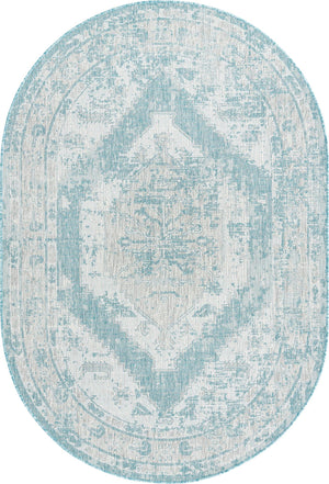 Aqua 5' 3 x 8' Outdoor Traditional Oval Area Rug Weather Resistant for Patio, Deck, Terrace, Balcony, Porch Classical Design Outside Carpet for Sale at Rug Engine