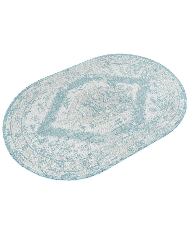 Aqua 5' 3 x 8' Outdoor Traditional Oval Area Rug Weather Resistant for Patio, Deck, Terrace, Balcony, Porch Classical Design Outside Carpet for Sale at Rug Engine