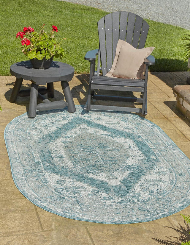 Aqua 3' 1 x 5' 3 Outdoor Traditional Oval Area Rug Weather Resistant for Patio, Deck, Terrace, Balcony, Porch Classical Design Outside Carpet for Sale at Rug Engine