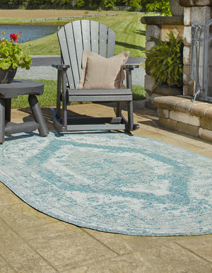 Aqua 3' 1 x 5' 3 Outdoor Traditional Oval Area Rug Weather Resistant for Patio, Deck, Terrace, Balcony, Porch Classical Design Outside Carpet for Sale at Rug Engine