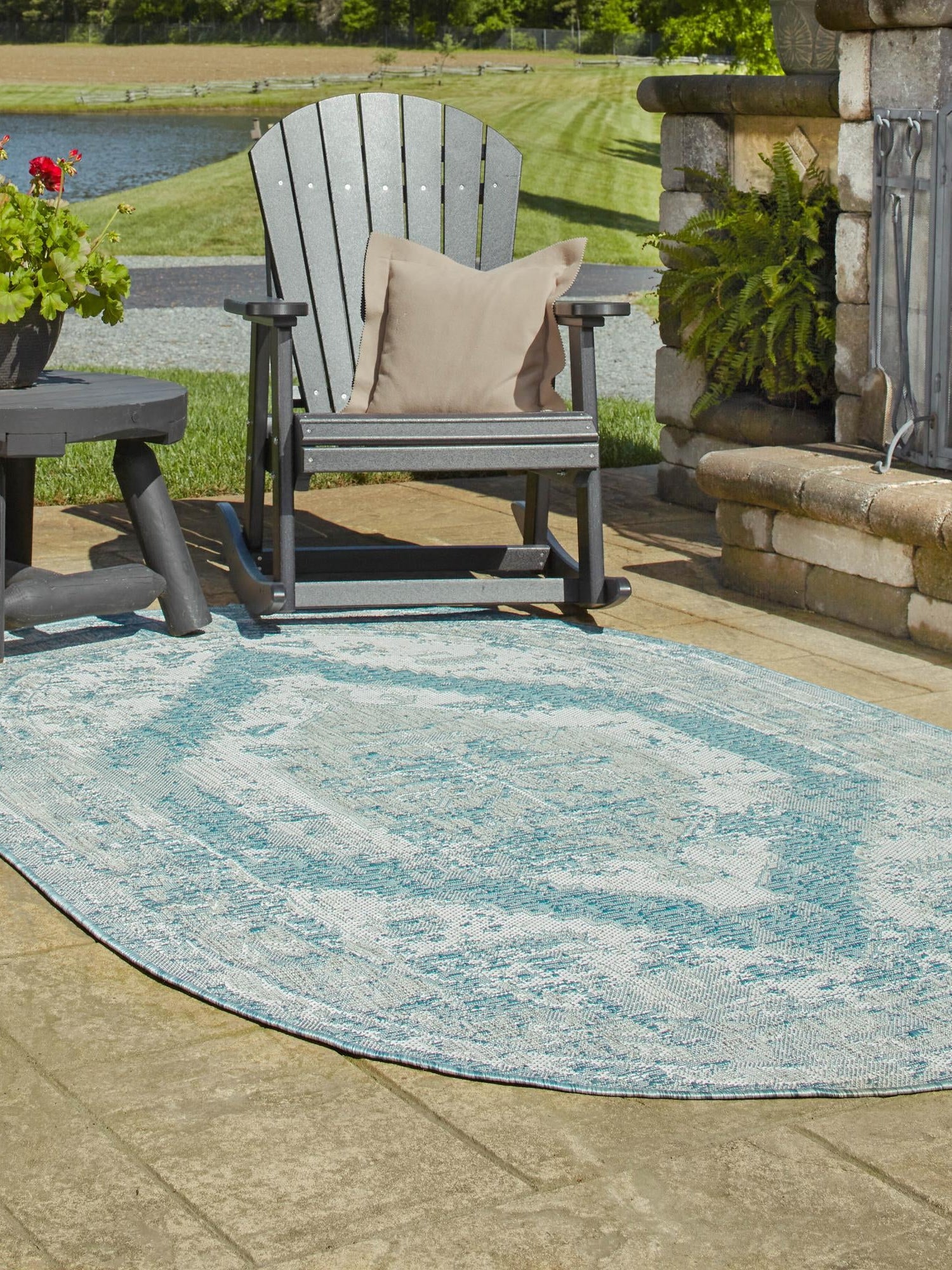 Aqua 7' 10 x 10' Outdoor Traditional Oval Area Rug Weather Resistant for Patio, Deck, Terrace, Balcony, Porch Classical Design Outside Carpet for Sale at Rug Engine
