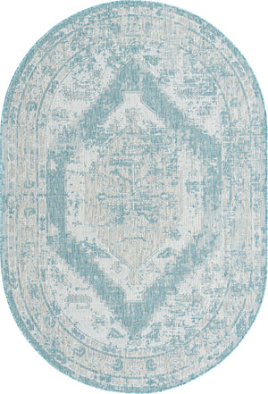 Aqua 5' 3 x 8' Outdoor Traditional Oval Area Rug Weather Resistant for Patio, Deck, Terrace, Balcony, Porch Classical Design Outside Carpet for Sale at Rug Engine