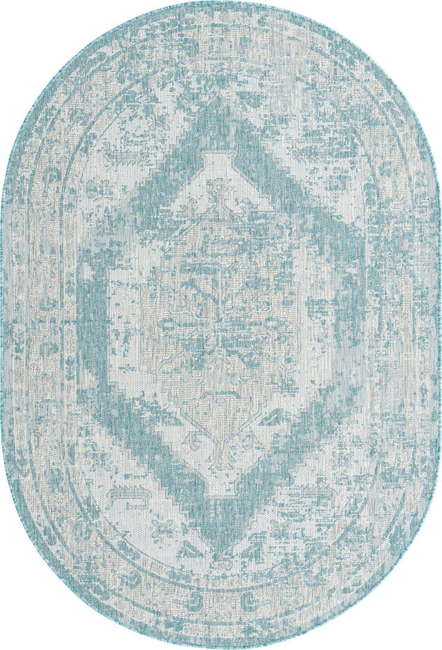 Aqua 5' 3 x 8' Outdoor Traditional Oval Area Rug Weather Resistant for Patio, Deck, Terrace, Balcony, Porch Classical Design Outside Carpet for Sale at Rug Engine