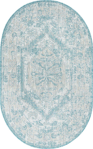 Aqua 3' 1 x 5' 3 Outdoor Traditional Oval Area Rug Weather Resistant for Patio, Deck, Terrace, Balcony, Porch Classical Design Outside Carpet for Sale at Rug Engine