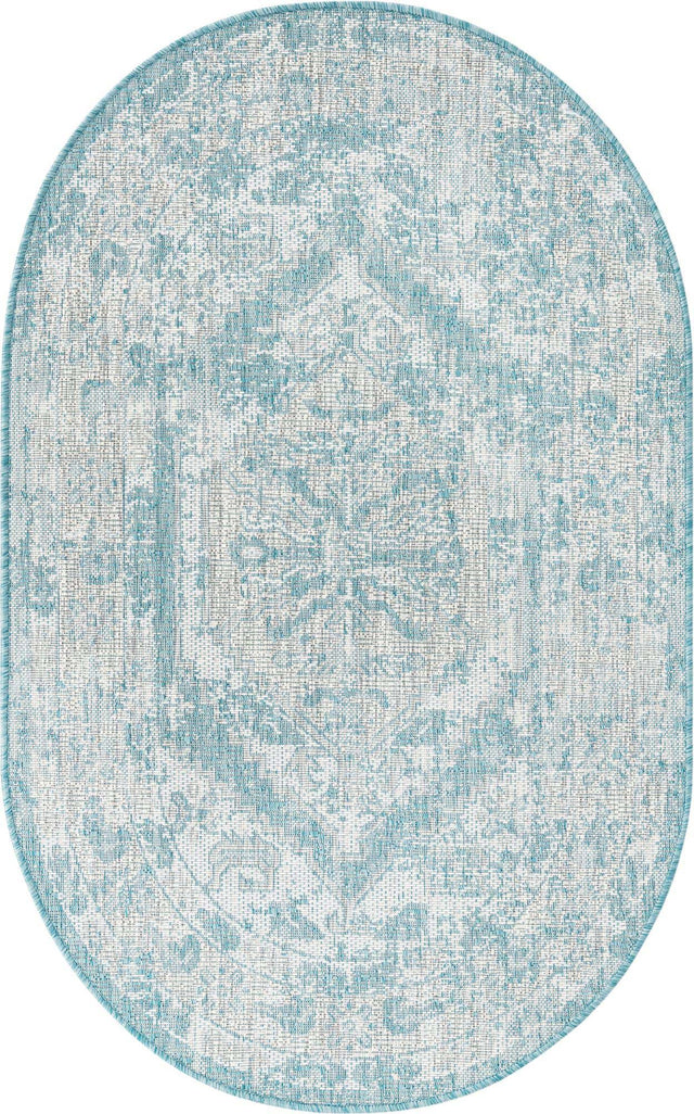 Aqua 3' 1 x 5' 3 Outdoor Traditional Oval Area Rug Weather Resistant for Patio, Deck, Terrace, Balcony, Porch Classical Design Outside Carpet for Sale at Rug Engine