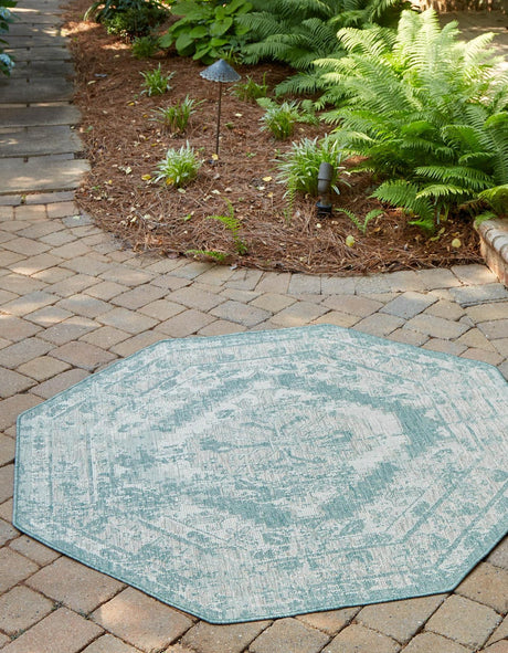 Aqua 7' 10 x 7' 10 Outdoor Traditional Octagon Area Rug Weather Resistant for Patio, Deck, Terrace, Balcony, Porch Classical Design Outside Carpet for Sale at Rug Engine