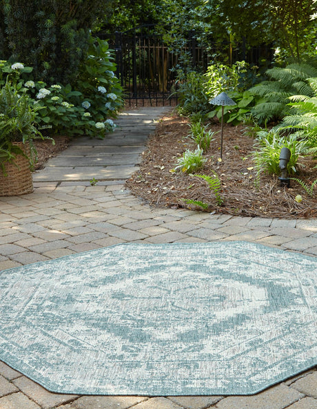 Aqua 5' 3 x 5' 3 Outdoor Traditional Octagon Area Rug Weather Resistant for Patio, Deck, Terrace, Balcony, Porch Classical Design Outside Carpet for Sale at Rug Engine