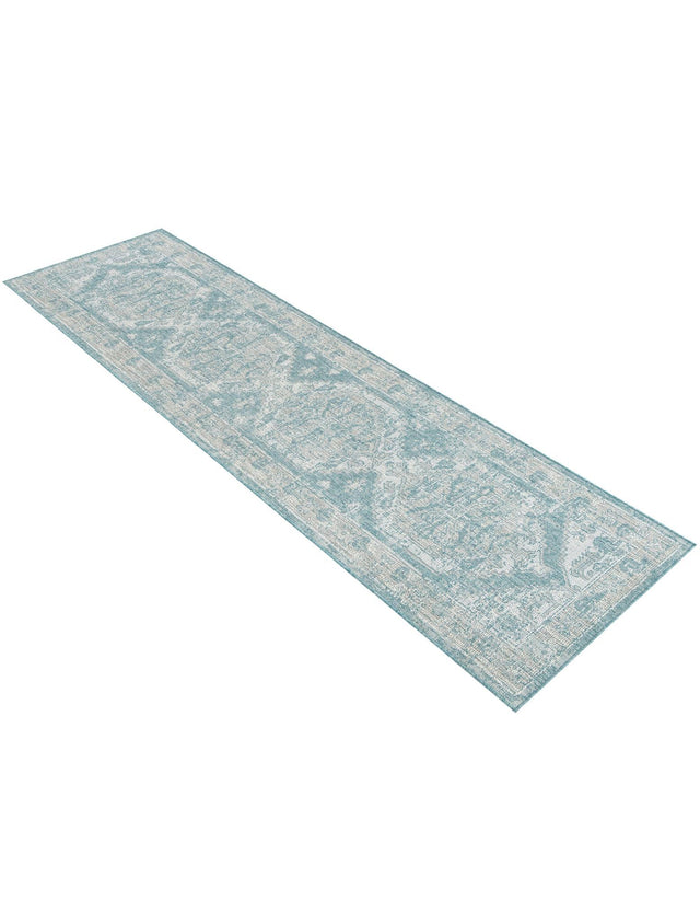 Aqua 2' 7 x 12' Outdoor Traditional Runner Area Rug Weather Resistant for Patio, Deck, Terrace, Balcony, Porch Classical Design Outside Carpet for Sale at Rug Engine