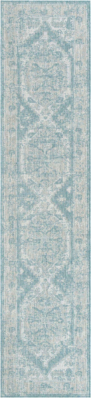 Aqua 2' 7 x 12' Outdoor Traditional Runner Area Rug Weather Resistant for Patio, Deck, Terrace, Balcony, Porch Classical Design Outside Carpet for Sale at Rug Engine