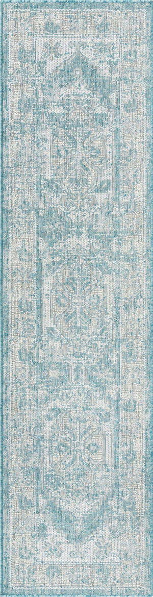 Aqua 2' x 8' Outdoor Traditional Runner Area Rug Weather Resistant for Patio, Deck, Terrace, Balcony, Porch Classical Design Outside Carpet for Sale at Rug Engine