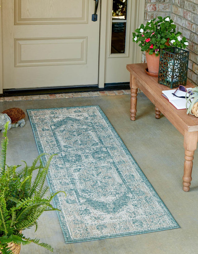 Aqua 2' x 8' Outdoor Traditional Runner Area Rug Weather Resistant for Patio, Deck, Terrace, Balcony, Porch Classical Design Outside Carpet for Sale at Rug Engine