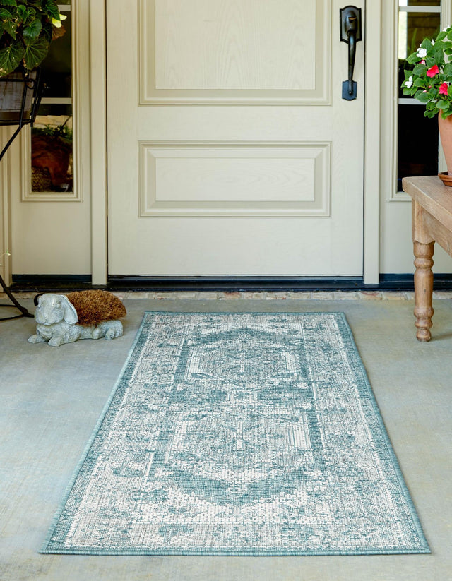 Aqua 2' x 8' Outdoor Traditional Runner Area Rug Weather Resistant for Patio, Deck, Terrace, Balcony, Porch Classical Design Outside Carpet for Sale at Rug Engine
