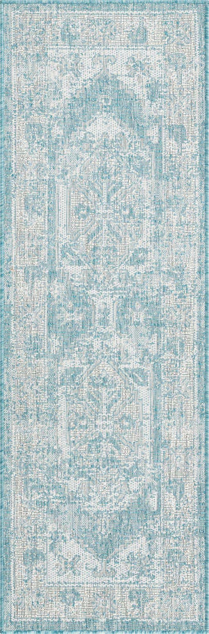 Aqua 2' x 6' 1 Outdoor Traditional Runner Area Rug Weather Resistant for Patio, Deck, Terrace, Balcony, Porch Classical Design Outside Carpet for Sale at Rug Engine