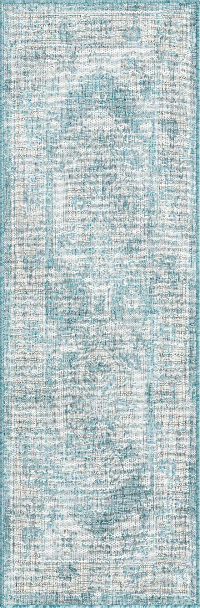 Aqua 2' x 6' 1 Outdoor Traditional Runner Area Rug Weather Resistant for Patio, Deck, Terrace, Balcony, Porch Classical Design Outside Carpet for Sale at Rug Engine