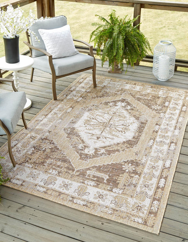 Natural 10' x 14' 1 Outdoor Traditional Rectangle Area Rug Weather Resistant for Patio, Deck, Terrace, Balcony, Porch Classical Design Outside Carpet for Sale at Rug Engine