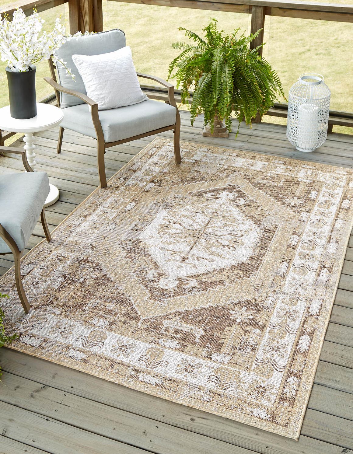Natural 10' x 13' 1 Outdoor Traditional Rectangle Area Rug Weather Resistant for Patio, Deck, Terrace, Balcony, Porch Classical Design Outside Carpet for Sale at Rug Engine