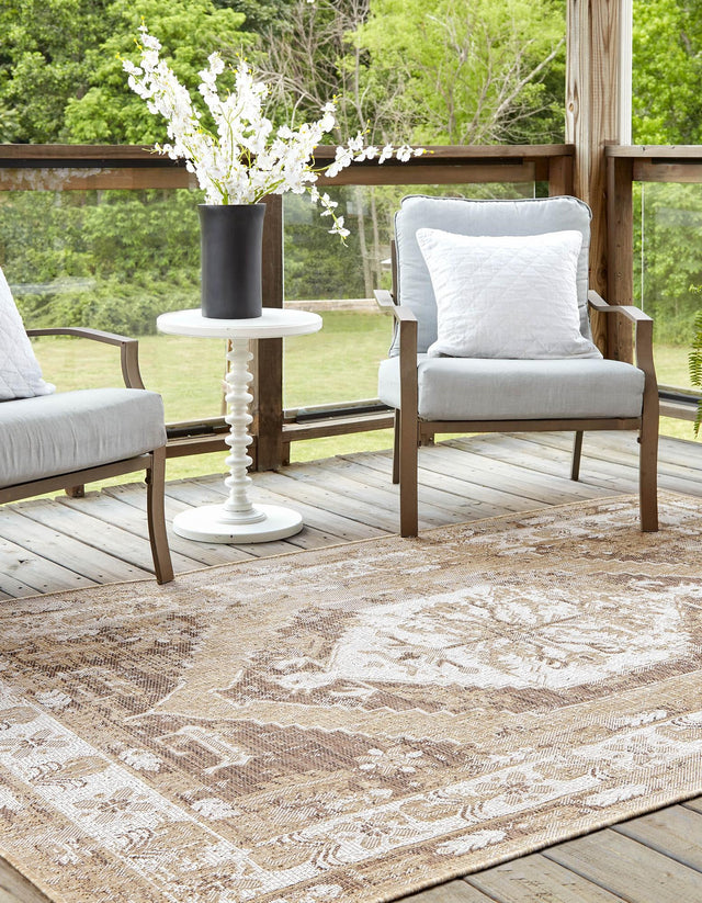 Natural 10' x 13' 1 Outdoor Traditional Rectangle Area Rug Weather Resistant for Patio, Deck, Terrace, Balcony, Porch Classical Design Outside Carpet for Sale at Rug Engine