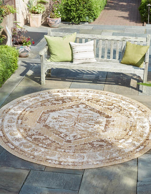 Natural 5' 3 x 5' 3 Outdoor Traditional Round Area Rug Weather Resistant for Patio, Deck, Terrace, Balcony, Porch Classical Design Outside Carpet for Sale at Rug Engine