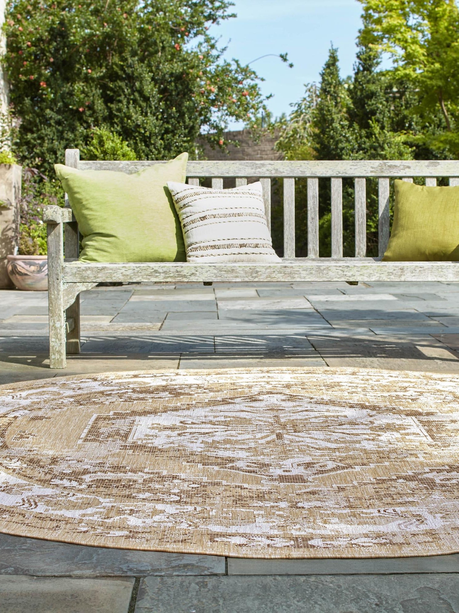 Natural 3' 1 x 3' 1 Outdoor Traditional Round Area Rug Weather Resistant for Patio, Deck, Terrace, Balcony, Porch Classical Design Outside Carpet for Sale at Rug Engine