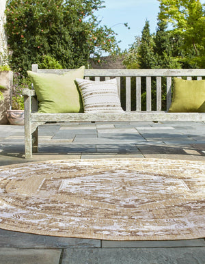 Natural 13' 1 x 13' 1 Outdoor Traditional Round Area Rug Weather Resistant for Patio, Deck, Terrace, Balcony, Porch Classical Design Outside Carpet for Sale at Rug Engine