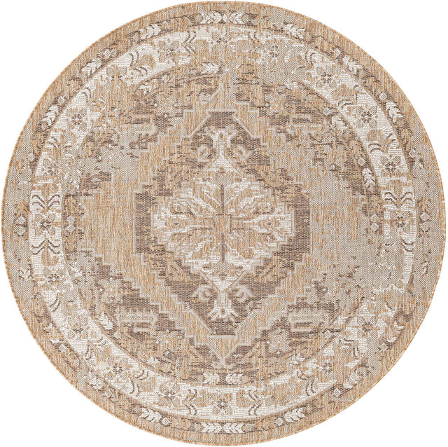 Natural 5' 3 x 5' 3 Outdoor Traditional Round Area Rug Weather Resistant for Patio, Deck, Terrace, Balcony, Porch Classical Design Outside Carpet for Sale at Rug Engine