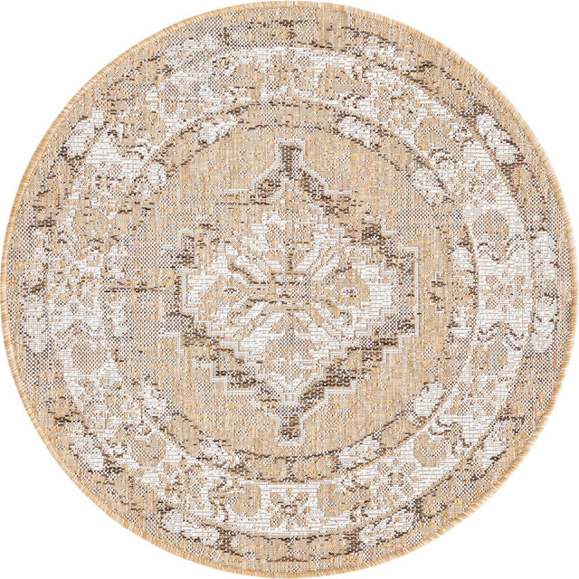 Natural 3' 1 x 3' 1 Outdoor Traditional Round Area Rug Weather Resistant for Patio, Deck, Terrace, Balcony, Porch Classical Design Outside Carpet for Sale at Rug Engine