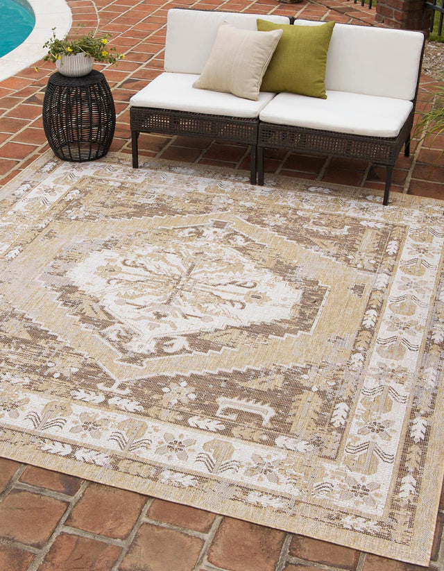 Natural 5' 3 x 5' 3 Outdoor Traditional Square Area Rug Weather Resistant for Patio, Deck, Terrace, Balcony, Porch Classical Design Outside Carpet for Sale at Rug Engine