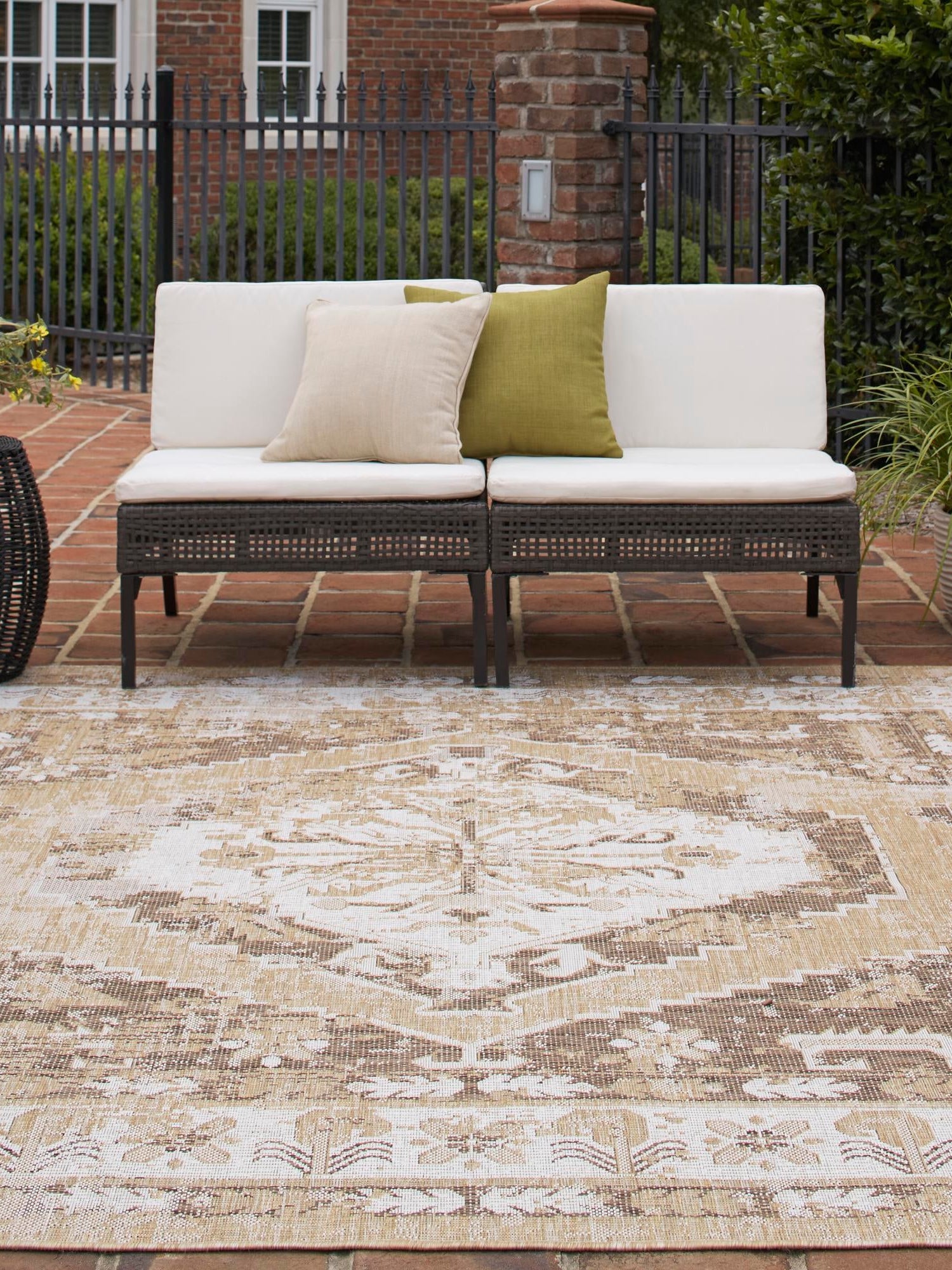 Natural 7' 10 x 7' 10 Outdoor Traditional Square Area Rug Weather Resistant for Patio, Deck, Terrace, Balcony, Porch Classical Design Outside Carpet for Sale at Rug Engine