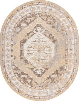 Natural 7' 10 x 10' Outdoor Traditional Oval Area Rug Weather Resistant for Patio, Deck, Terrace, Balcony, Porch Classical Design Outside Carpet for Sale at Rug Engine