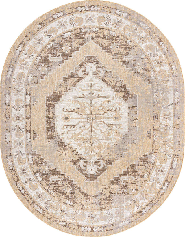 Natural 7' 10 x 10' Outdoor Traditional Oval Area Rug Weather Resistant for Patio, Deck, Terrace, Balcony, Porch Classical Design Outside Carpet for Sale at Rug Engine