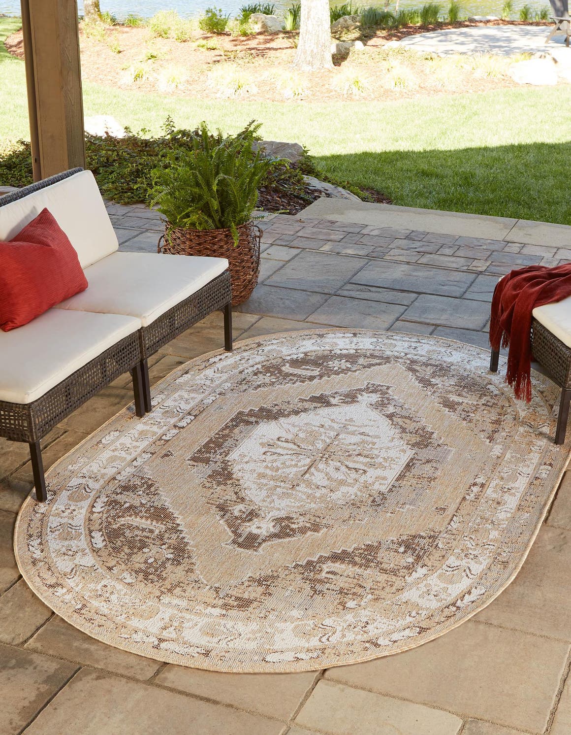 Natural 5' 3 x 8' Outdoor Traditional Oval Area Rug Weather Resistant for Patio, Deck, Terrace, Balcony, Porch Classical Design Outside Carpet for Sale at Rug Engine
