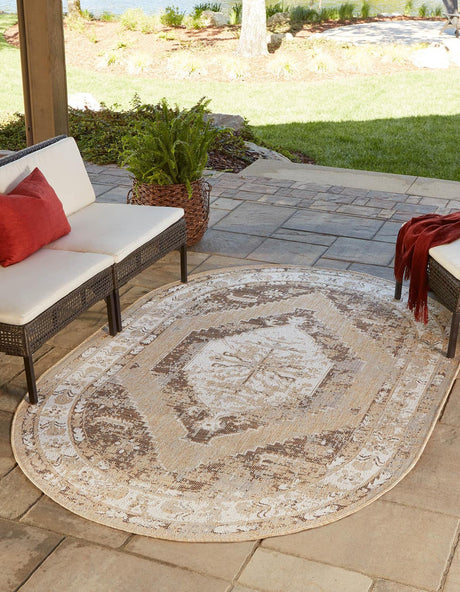 Natural 5' 3 x 8' Outdoor Traditional Oval Area Rug Weather Resistant for Patio, Deck, Terrace, Balcony, Porch Classical Design Outside Carpet for Sale at Rug Engine