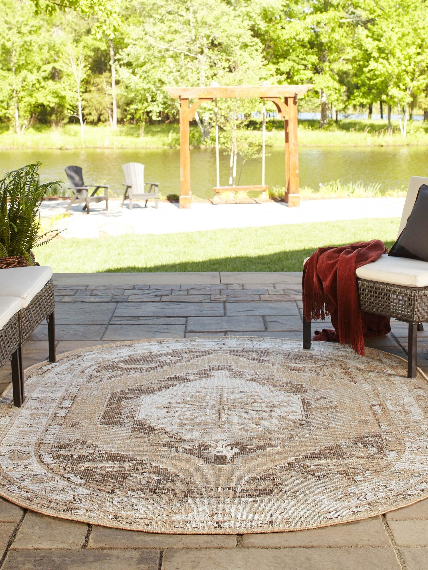 Natural 5' 3 x 8' Outdoor Traditional Oval Area Rug Weather Resistant for Patio, Deck, Terrace, Balcony, Porch Classical Design Outside Carpet for Sale at Rug Engine