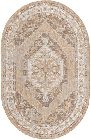 Natural 5' 3 x 8' Outdoor Traditional Oval Area Rug Weather Resistant for Patio, Deck, Terrace, Balcony, Porch Classical Design Outside Carpet for Sale at Rug Engine
