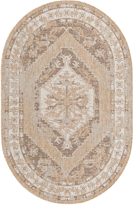 Natural 5' 3 x 8' Outdoor Traditional Oval Area Rug Weather Resistant for Patio, Deck, Terrace, Balcony, Porch Classical Design Outside Carpet for Sale at Rug Engine