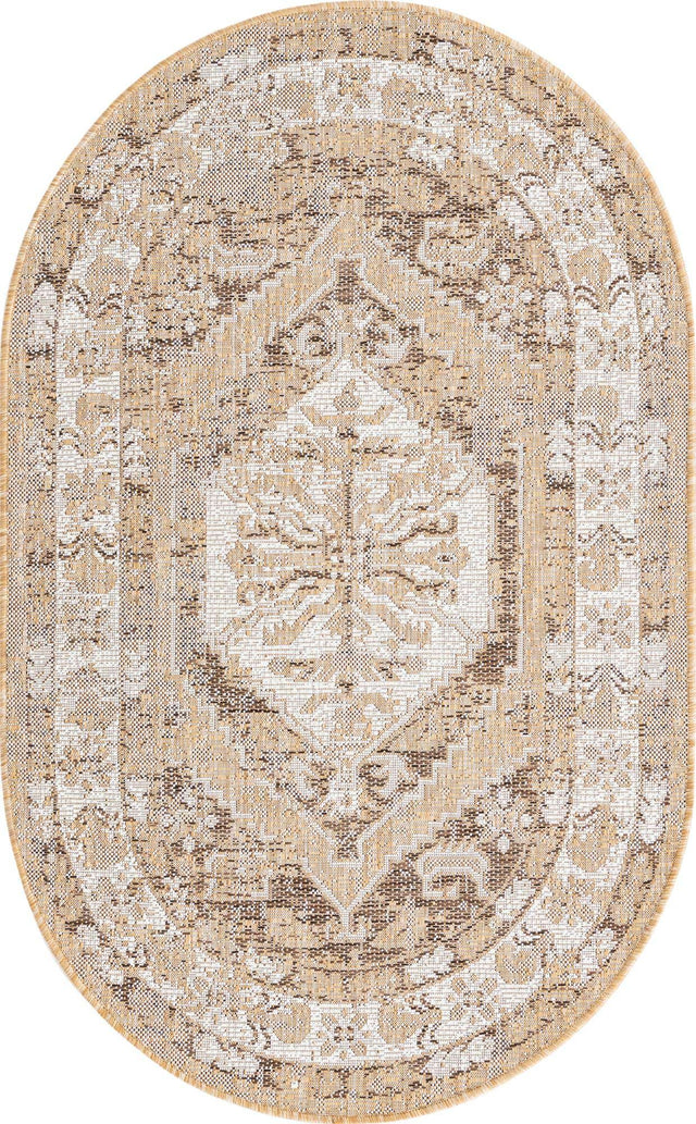 Natural 3' 1 x 5' 3 Outdoor Traditional Oval Area Rug Weather Resistant for Patio, Deck, Terrace, Balcony, Porch Classical Design Outside Carpet for Sale at Rug Engine