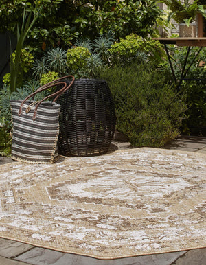 Natural 5' 3 x 5' 3 Outdoor Traditional Octagon Area Rug Weather Resistant for Patio, Deck, Terrace, Balcony, Porch Classical Design Outside Carpet for Sale at Rug Engine