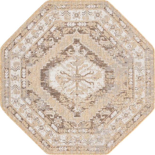Natural 5' 3 x 5' 3 Outdoor Traditional Octagon Area Rug Weather Resistant for Patio, Deck, Terrace, Balcony, Porch Classical Design Outside Carpet for Sale at Rug Engine