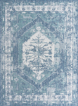 Blue 9' x 12' Outdoor Traditional Rectangle Area Rug Weather Resistant for Patio, Deck, Terrace, Balcony, Porch Classical Design Outside Carpet for Sale at Rug Engine