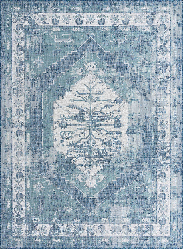 Blue 9' x 12' Outdoor Traditional Rectangle Area Rug Weather Resistant for Patio, Deck, Terrace, Balcony, Porch Classical Design Outside Carpet for Sale at Rug Engine