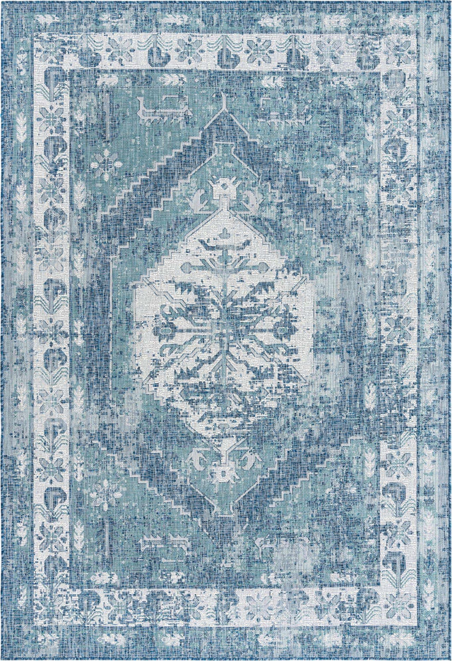 Blue 7' 1 x 10' Outdoor Traditional Rectangle Area Rug Weather Resistant for Patio, Deck, Terrace, Balcony, Porch Classical Design Outside Carpet for Sale at Rug Engine