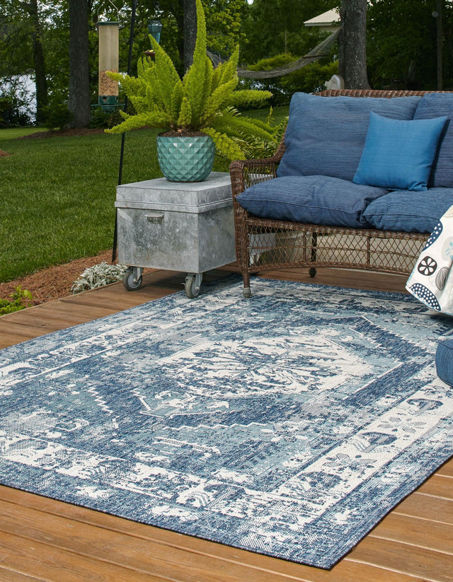 Blue 9' x 12' Outdoor Traditional Rectangle Area Rug Weather Resistant for Patio, Deck, Terrace, Balcony, Porch Classical Design Outside Carpet for Sale at Rug Engine