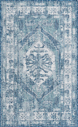 Blue 3' 1 x 5' 3 Outdoor Traditional Rectangle Area Rug Weather Resistant for Patio, Deck, Terrace, Balcony, Porch Classical Design Outside Carpet for Sale at Rug Engine