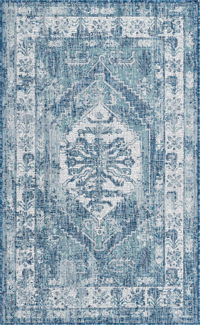 Blue 3' 1 x 5' 3 Outdoor Traditional Rectangle Area Rug Weather Resistant for Patio, Deck, Terrace, Balcony, Porch Classical Design Outside Carpet for Sale at Rug Engine